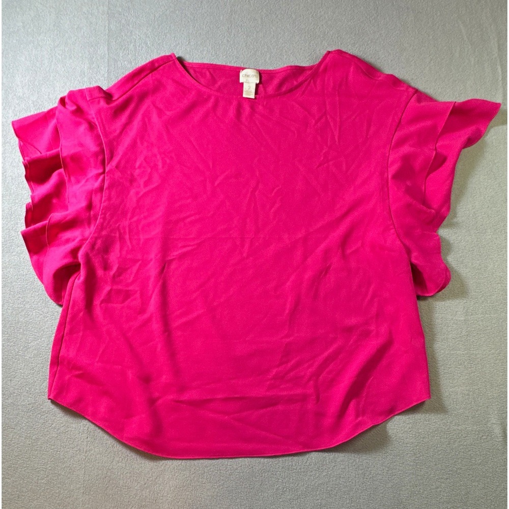 Chico's Women's Pink Solid Scoop Neck Flutter Sleeve Pullover Blouse Sz 2